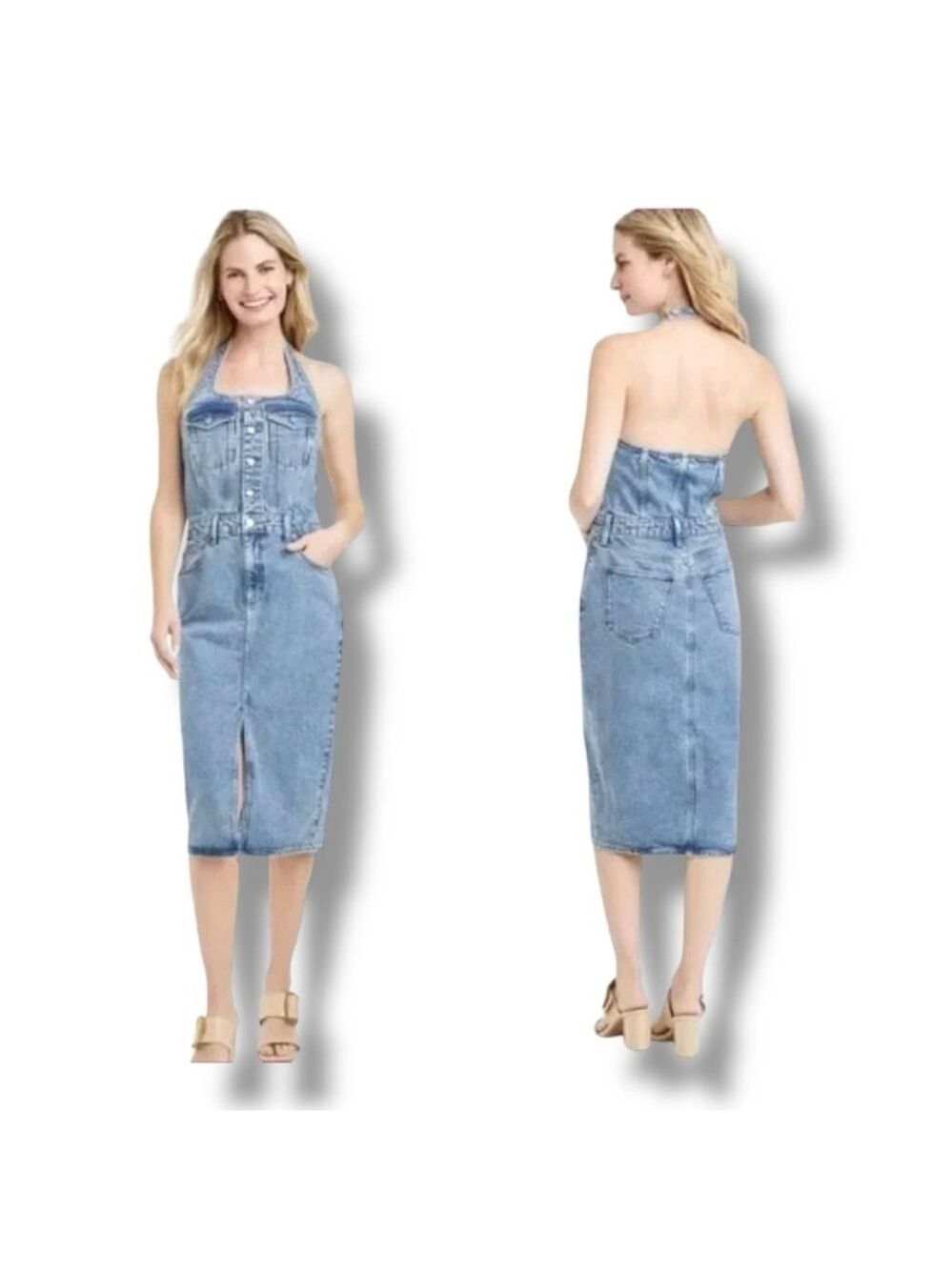 Women's Halter Denim Midi Dress Universal Thread Medium Wash Size 0 Open Back